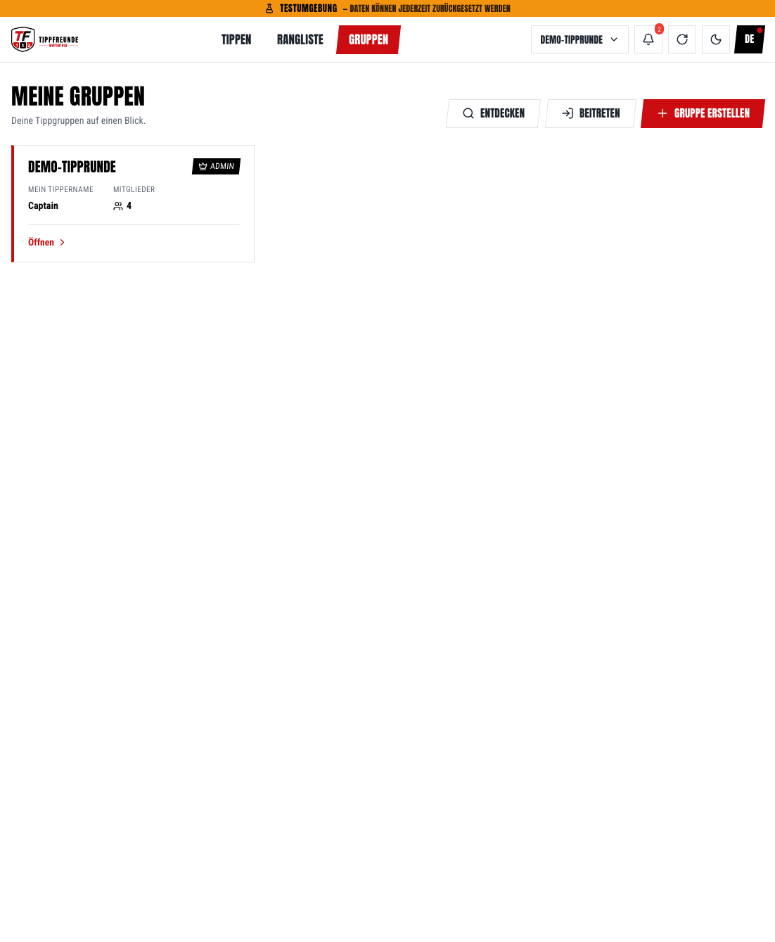 Meine Gruppen mit Hauptnavigation Tippen, Rangliste und Gruppen