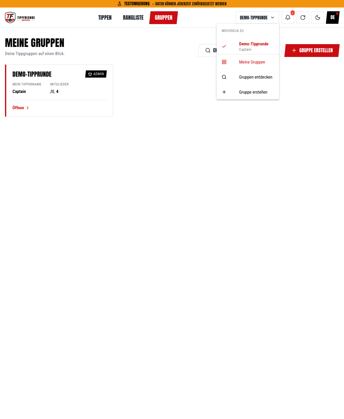 Gruppen-Switcher mit Wechseln zu, Meine Gruppen, Entdecken und Erstellen