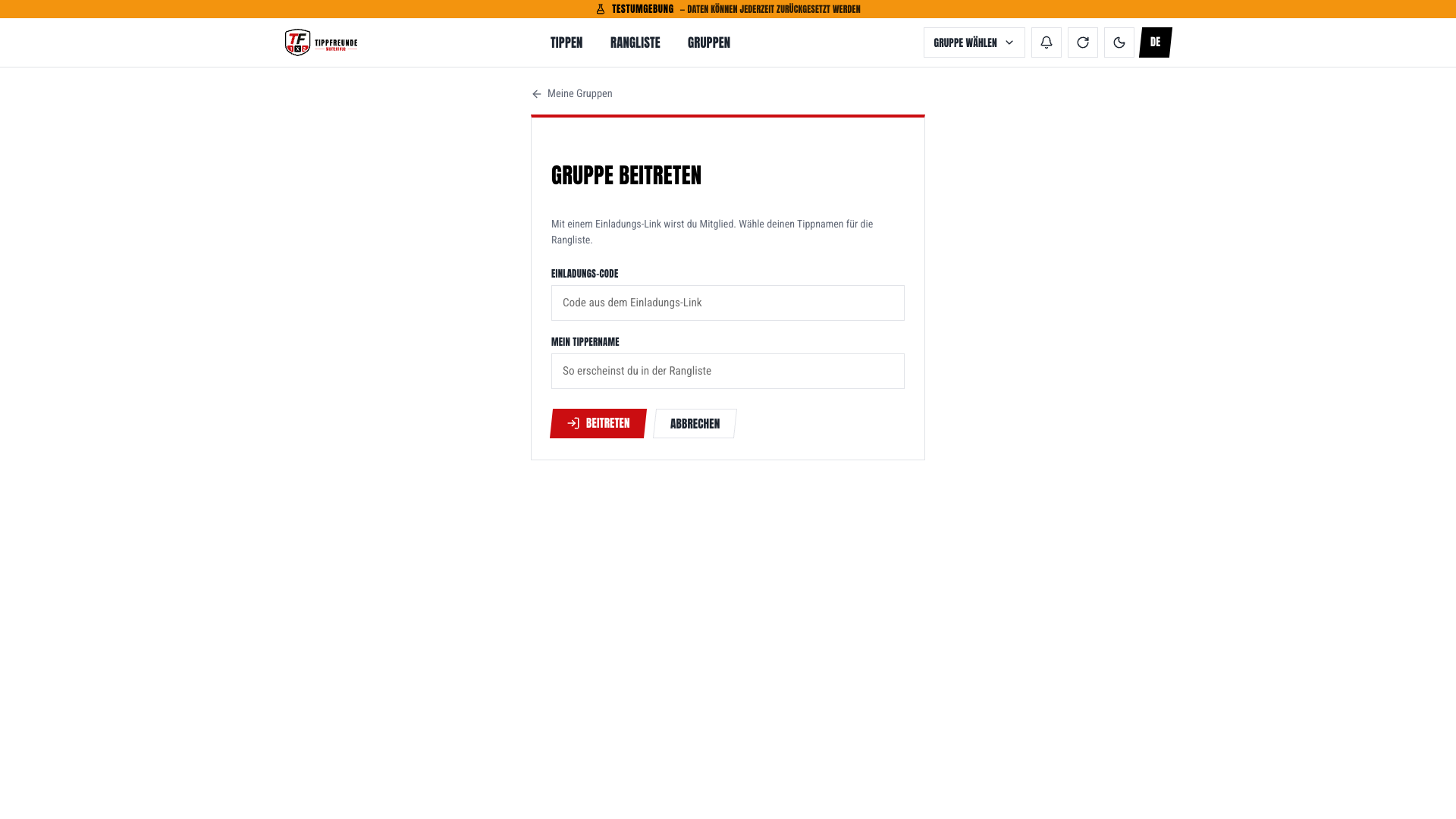 Seite Gruppe beitreten mit Einladungs-Code und Tippername
