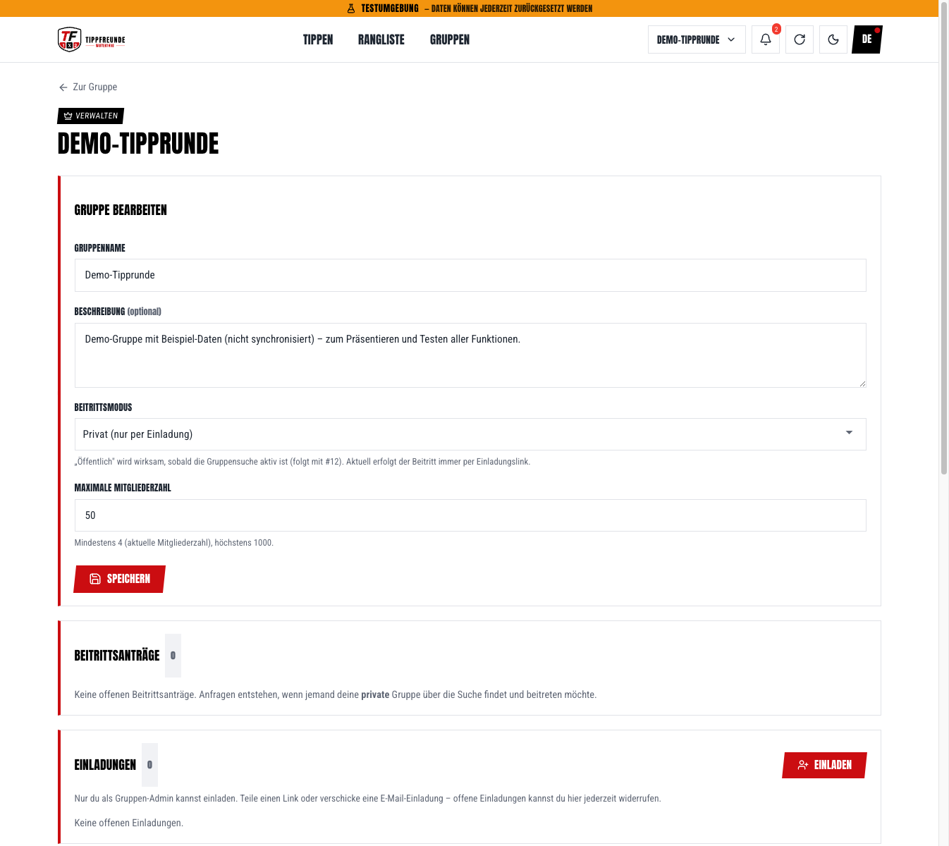 Verwaltungsseite mit Abschnitten Gruppe bearbeiten und Einladungen