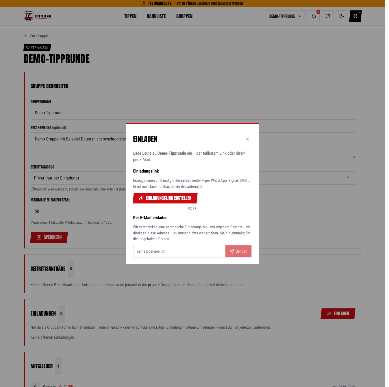 Dialog Einladen mit Link und E-Mail