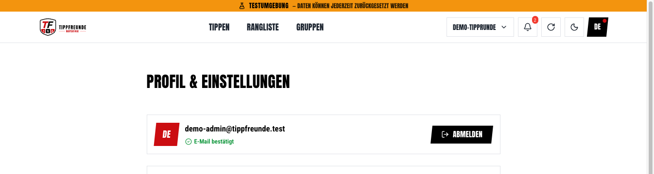 Profilkopf mit E-Mail, Bestätigt-Status und Abmelden